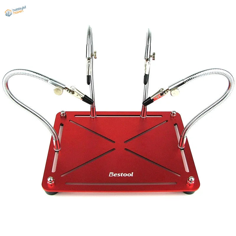 Red aluminum multifunction soldering station with adjustable arms and clips