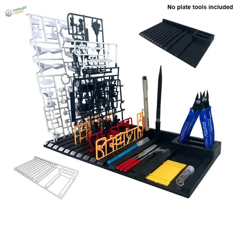 Black multifunctional sprues holders station with organized scale modeling tools