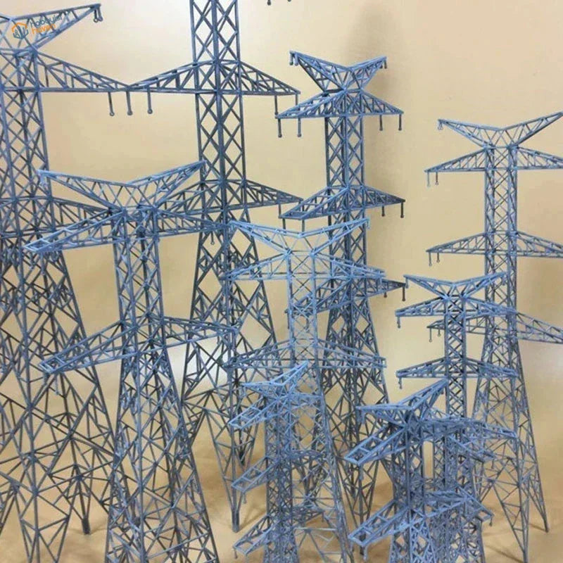 Blue metal model transmission towers in multiple scales