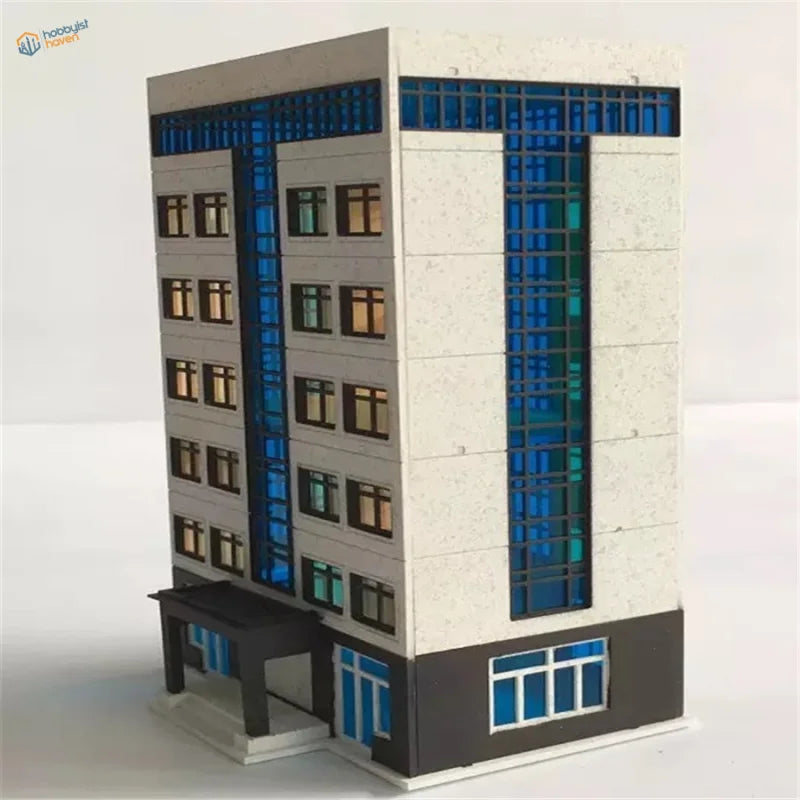 N scale building model of modern office with beige blue accents gray base