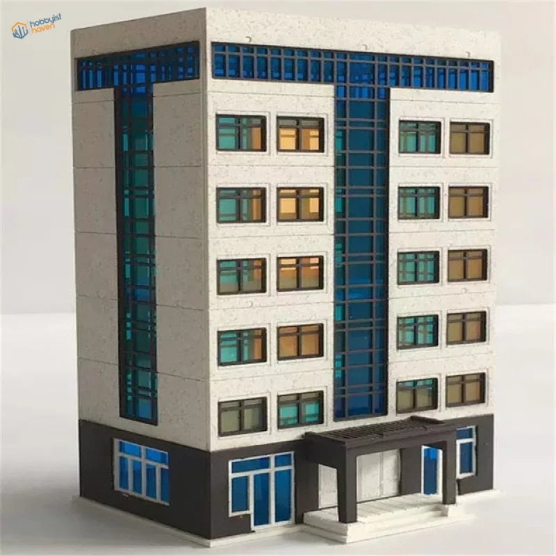 N scale building model of modern office with white gray facade blue glass