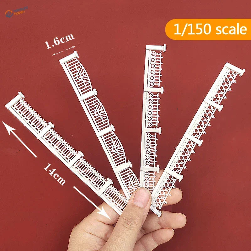 White abs plastic n scale decorative fence set in 1 150 scale with intricate lattice and decorative patterns