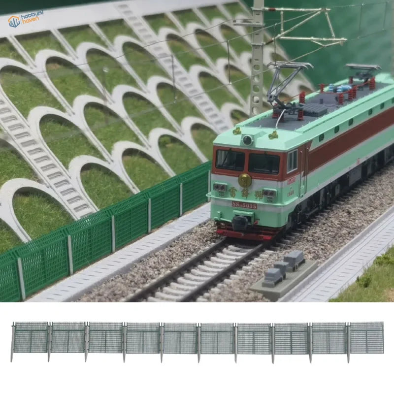 N scale metal railway guardrail safety fence in mint green and red with authentic mesh-panel design and detailed exterior features