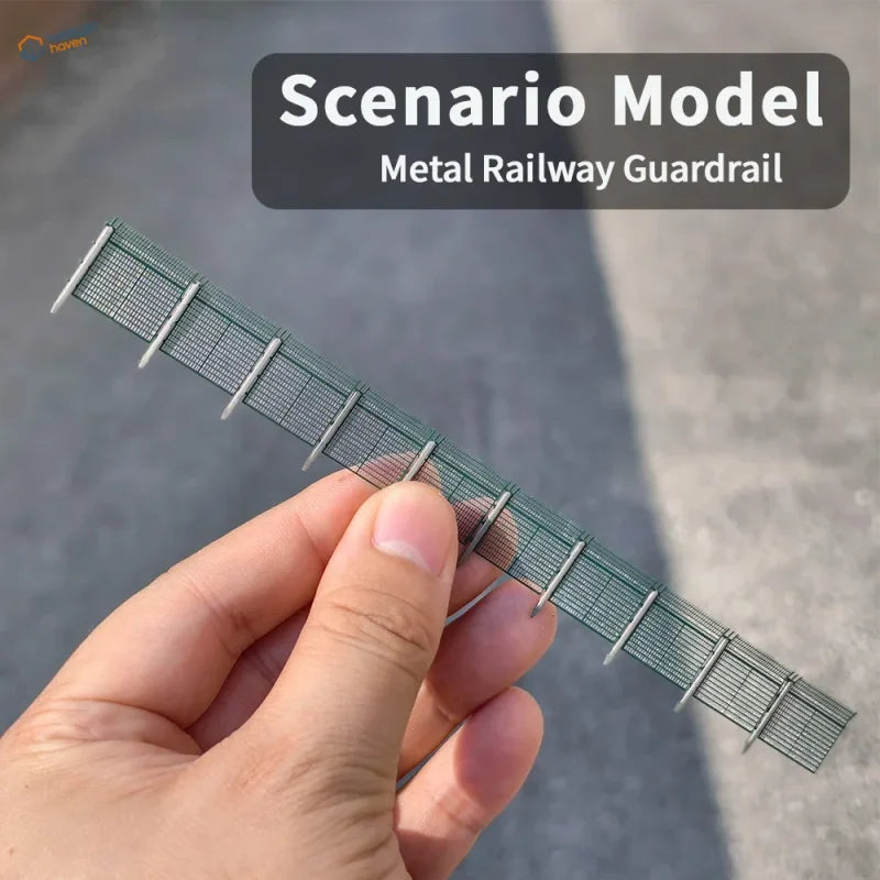 N scale metal railway guardrail with authentic mesh-panel design safety fence for dioramas and train layouts in silver metal