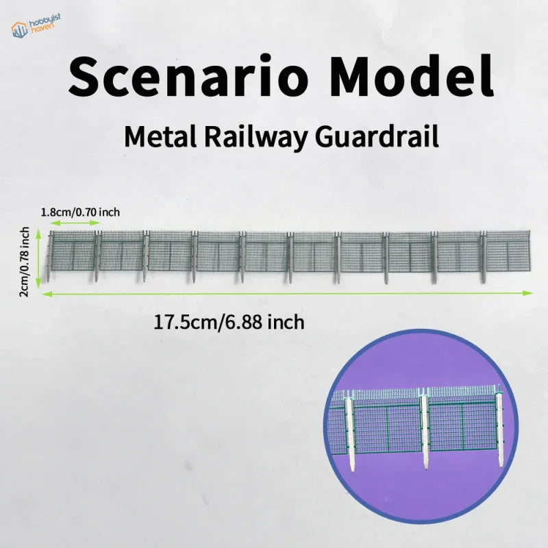 Silver metal railway guardrail model with authentic mesh-panel design and vertical posts safety fence for n scale tracks