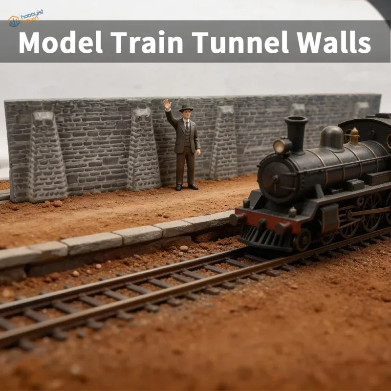 N scale gray stone retaining wall with realistic brickwork and rectangular cutouts for model train tunnel use