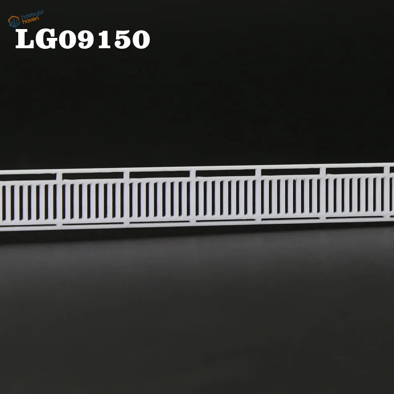 N scale white plastic railing with vertical slats and horizontal rails for station platform or lattice-top picket fence wall
