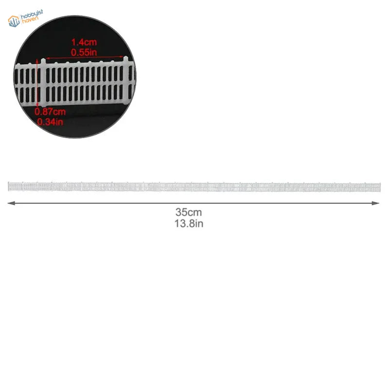 N scale white plastic garden edging strip with textured ribbed surface and rectangular slots for station platform use