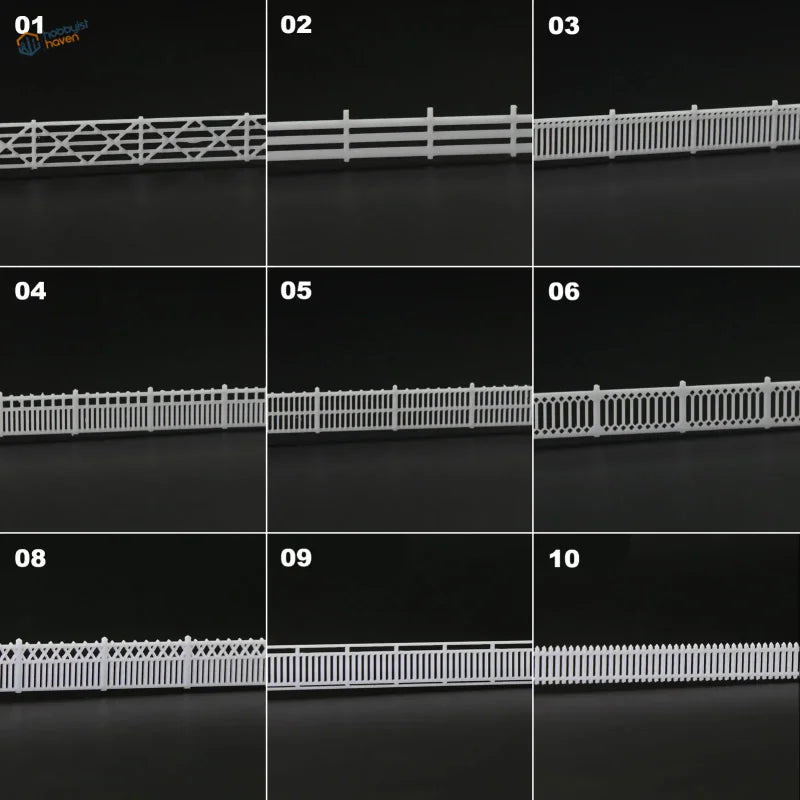 N scale white plastic garden fence panels with lattice-top picket and decorative designs for station platform models