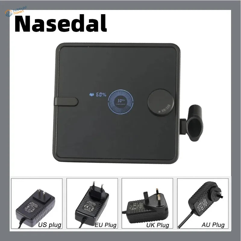 Nasedal portable air compressor with black wireless charging pad, LED display and adapters