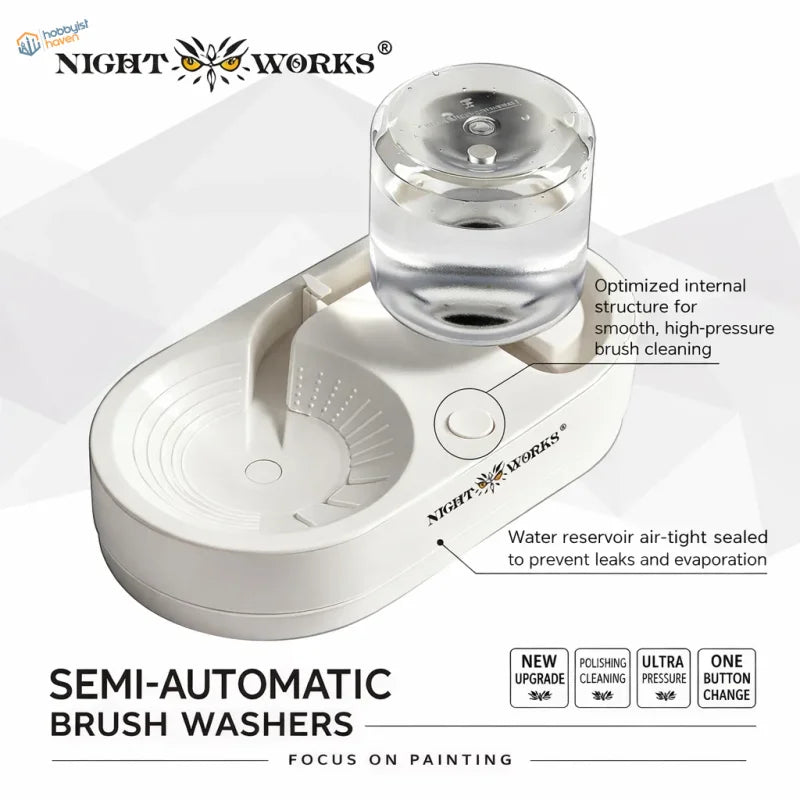 NightWorks brush cleaning station white plastic semi-automatic brush washer with clear glass reservoir and circular button