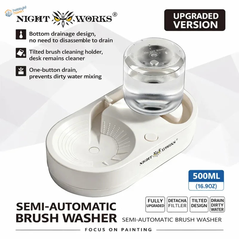 NightWorks brush cleaning station white semi-automatic with clear glass reservoir and tilted cleaning holder for brush cleaning
