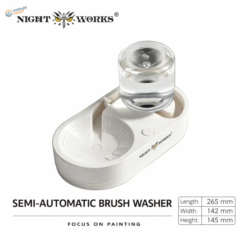 White plastic semi-automatic brush cleaning station with clear glass water reservoir for efficient brush cleaning