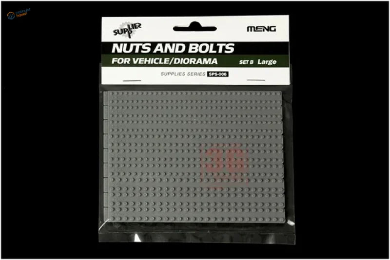 Gray plastic nuts and bolts for AFVs and Gunplas model making accessories in clear package