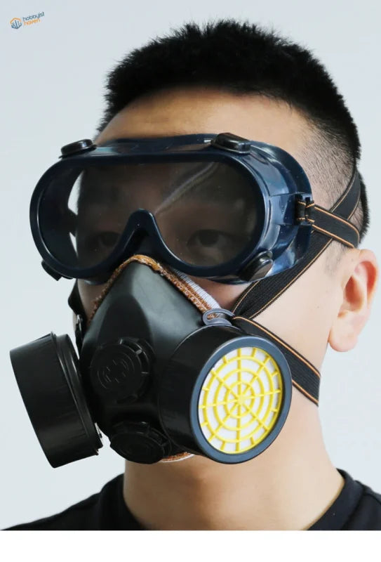 Black gas mask with yellow filter for mask replacement filters