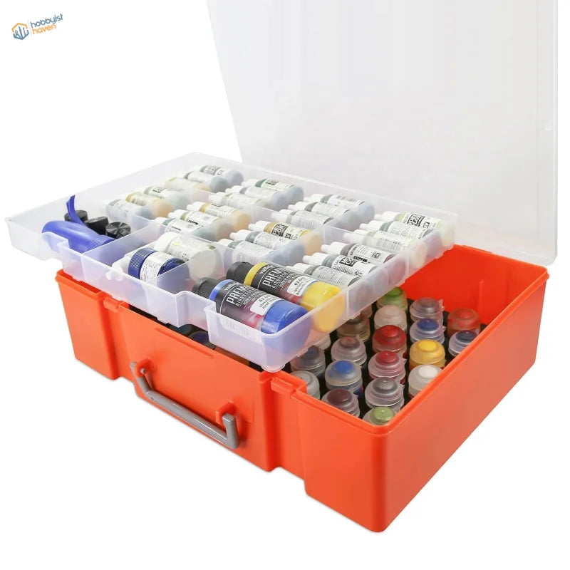 Bright orange paint bottle organizer suitcase with clear lid and compartments