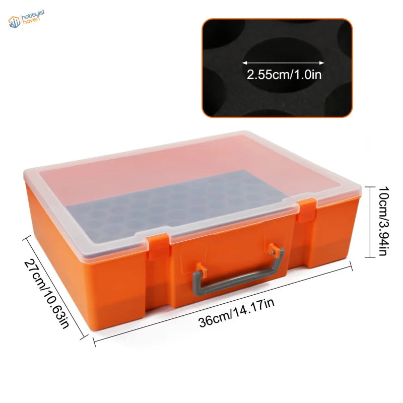 Paint bottle storage organizer suitcase with orange box, clear lid, gray handle