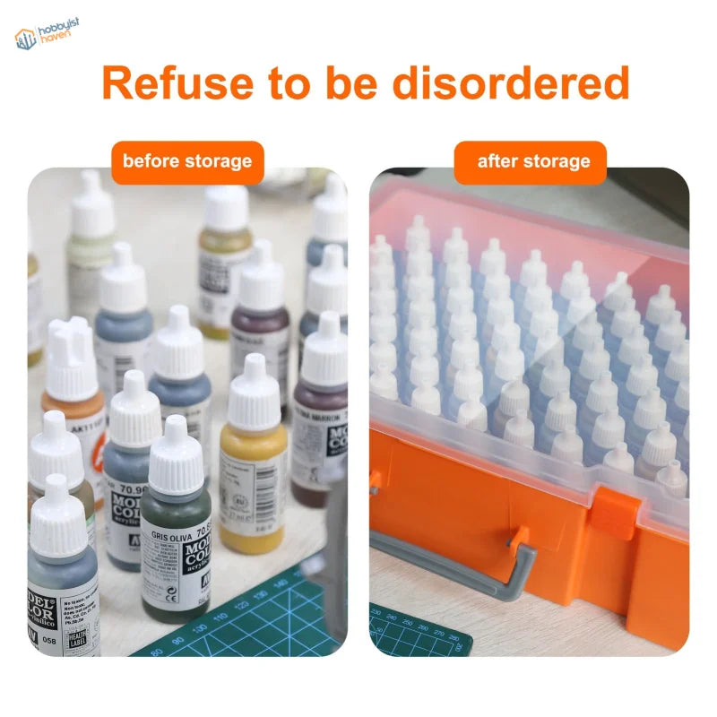 Orange plastic paint bottle organizer suitcase with clear lid and paint bottles