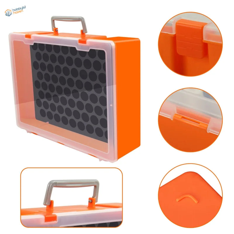 Bright orange paint bottle organizer suitcase with clear lid