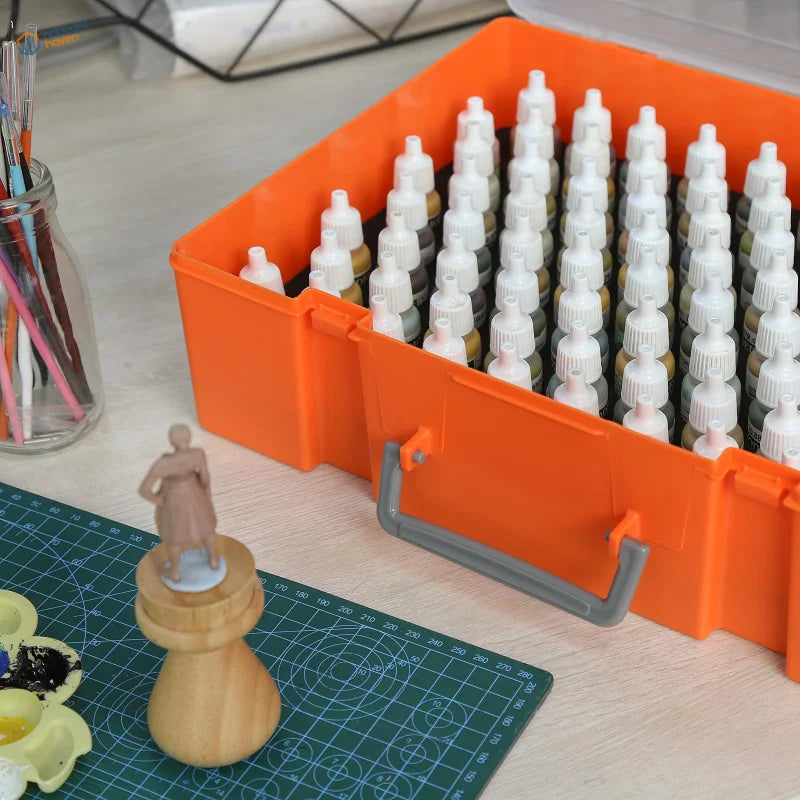 Orange plastic case with paint bottles for scale modeling tools organizer