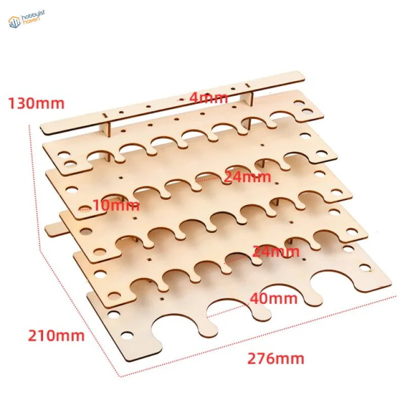 Light wooden rack with slots for paint bottles and scale modeling tools