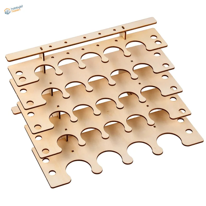 Stacked wooden rack with curved slots for paint bottles and scale modeling tools