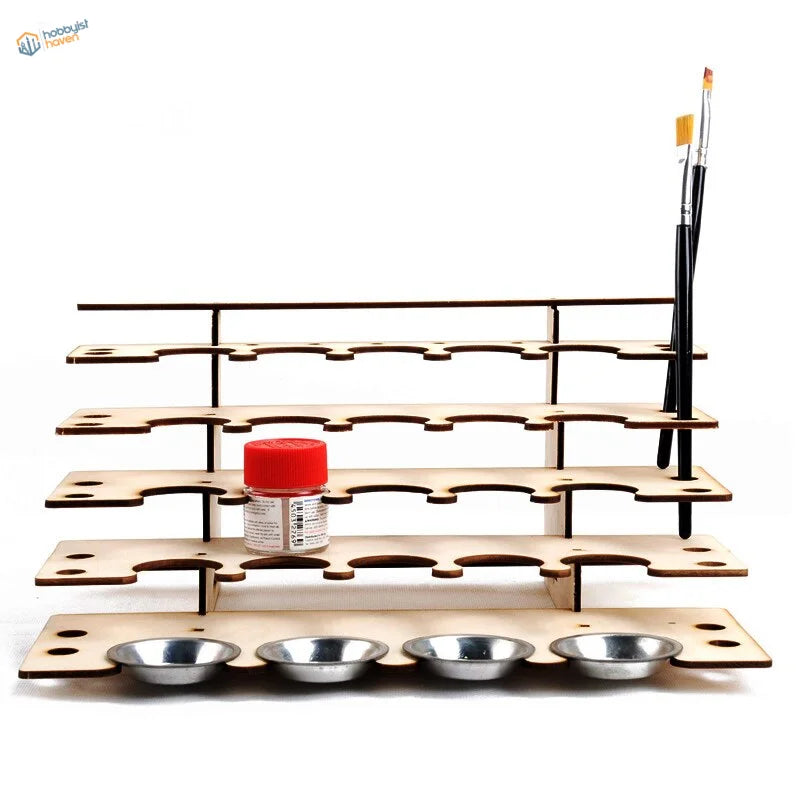 Light brown 4-tier paint bottles brushes organizer with mixing cups slots