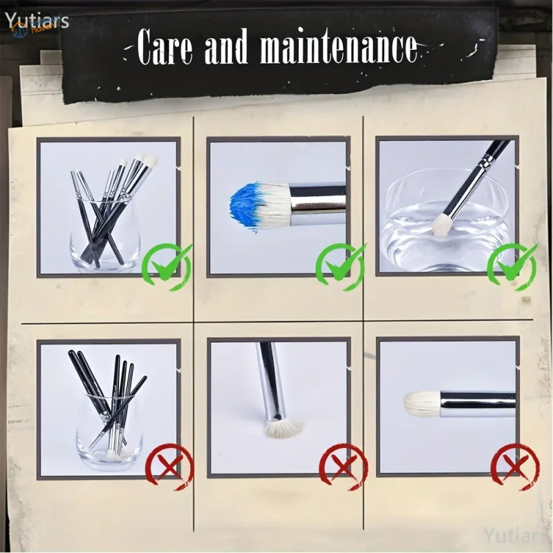 Painting weathering brush set 1: Black-handled brushes with white bristles in care steps