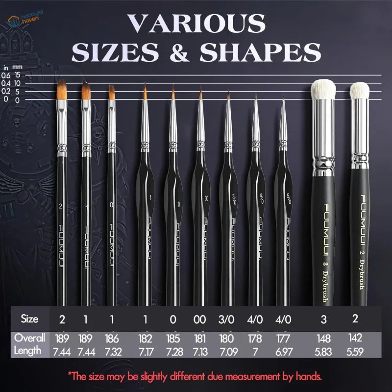 Painting weathering dry brushing brushes set 2: 10 black-handled silver-tipped fummuli brushes