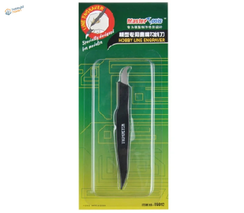 Panel line engraver with black handle and silver tip on card