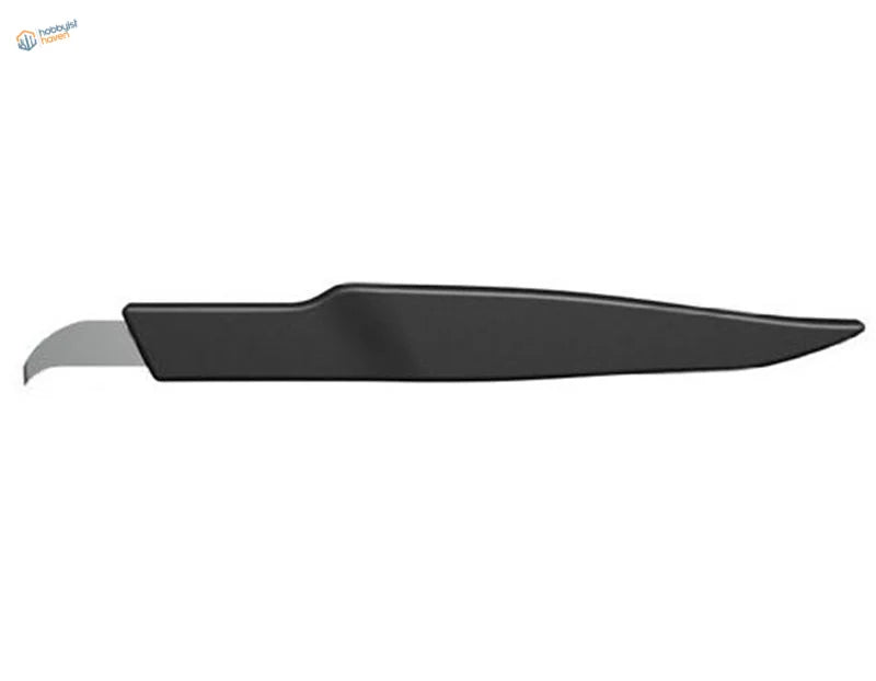 Black plastic-handled panel line engraver with curved stainless steel blade