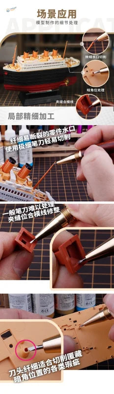 Pen-type trimming knife assembles detailed black and white RMS Titanic scale model
