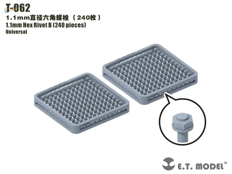240 gray plastic trays of 1.1mm 3D-printed hexagonal rivets model T-062 by E.T