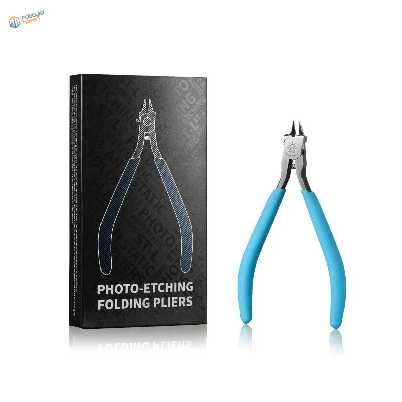 Blue-handled photo-etch bending pliers with metallic jaws for scale modeling tools