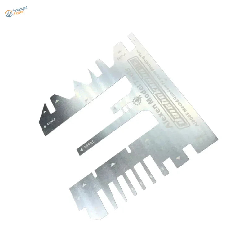 Silver photo etch bending tool with serrated edges and ruler