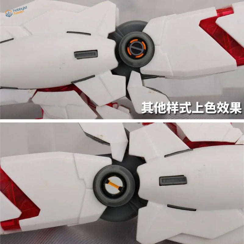 White and red Gundam joint model with photo etch round plates
