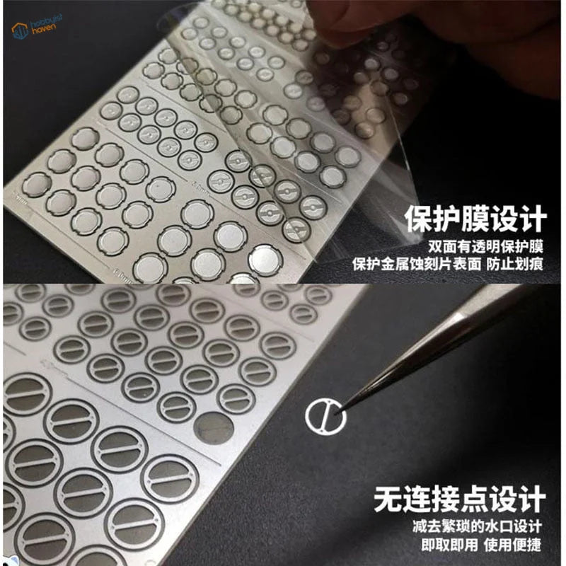 Photo etch round plates: silver screw head stickers on sheets for Gundam