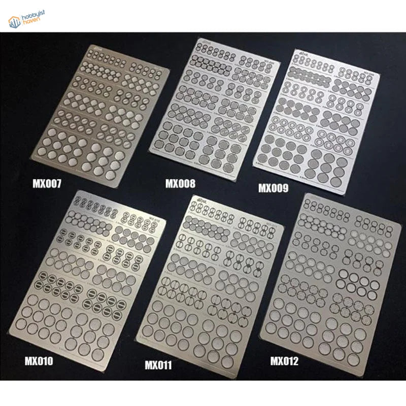 Photo etch round plates: 6 metallic stencil sheets with circular cutouts for Gundam