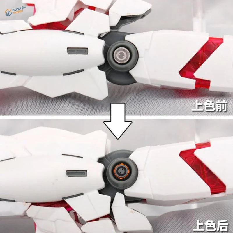 White and red Gundam arm joint with photo etch round plates detailing