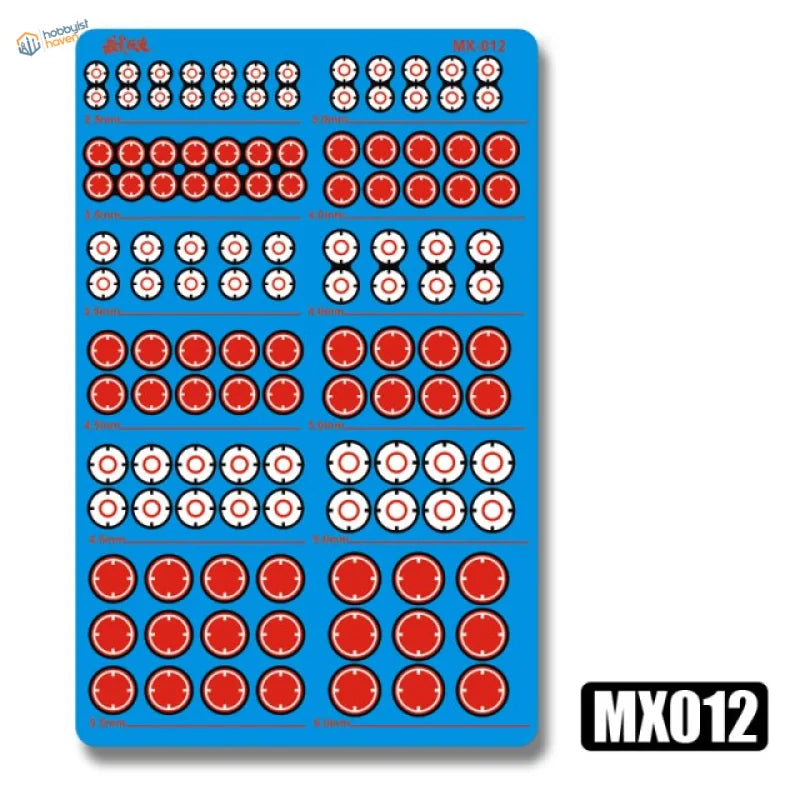 Photo etch round plates for Gundam models: blue MX012 decal sheet with red white targets