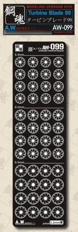 Photoetch Gundam turbine blades: black plastic sheet with white AW-099 decals