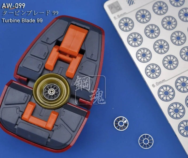 Photoetch Gundam turbine blades: red gray plastic with orange internals, gold hub