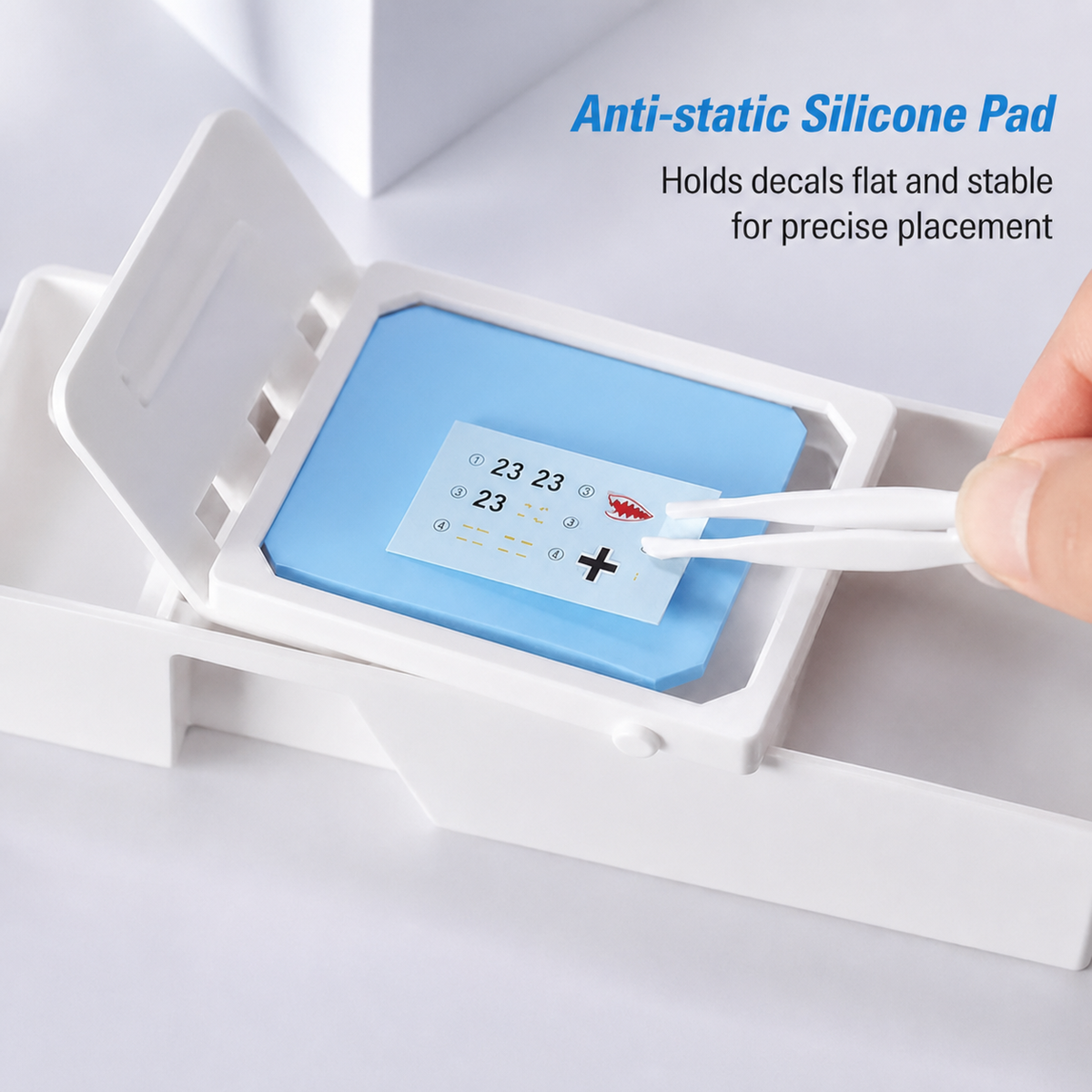 Plamokojo anti-static silicone pad holding water-slide decals for precise placement