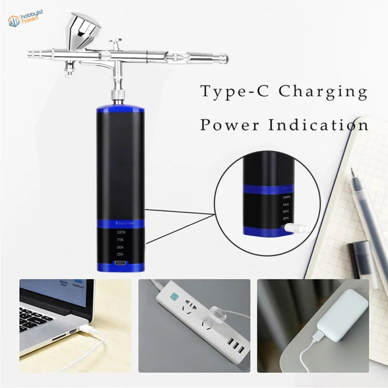 Portable cordless airbrush with black/blue power bank and Type-C port