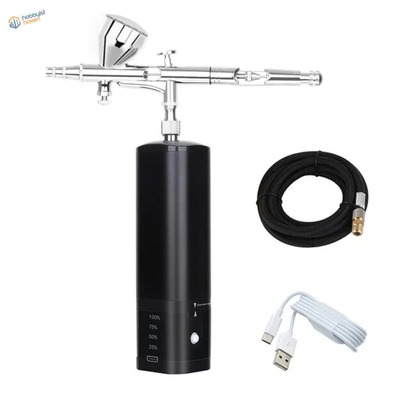 Portable cordless airbrush gun with black power unit and accessories