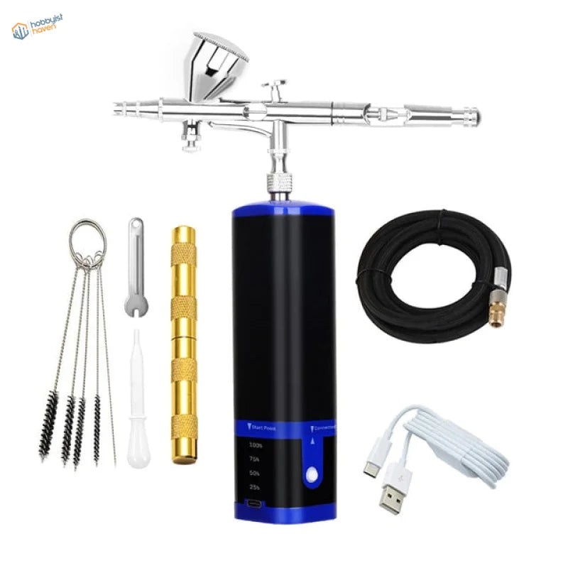Portable cordless airbrush kit with silver black tools blue compressor