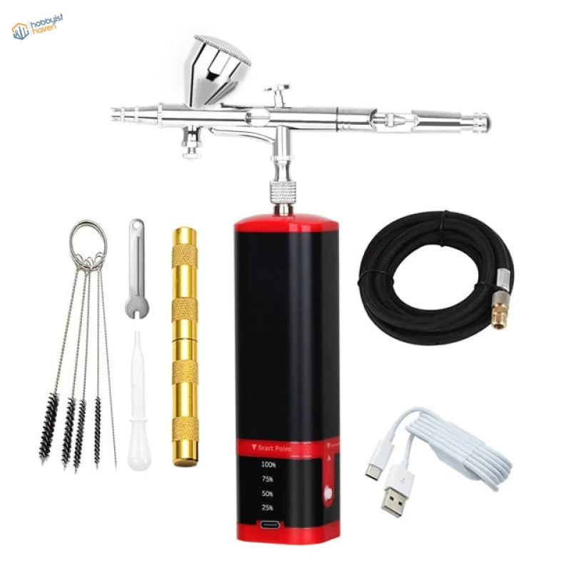 Portable cordless airbrush kit in silver black with red accents