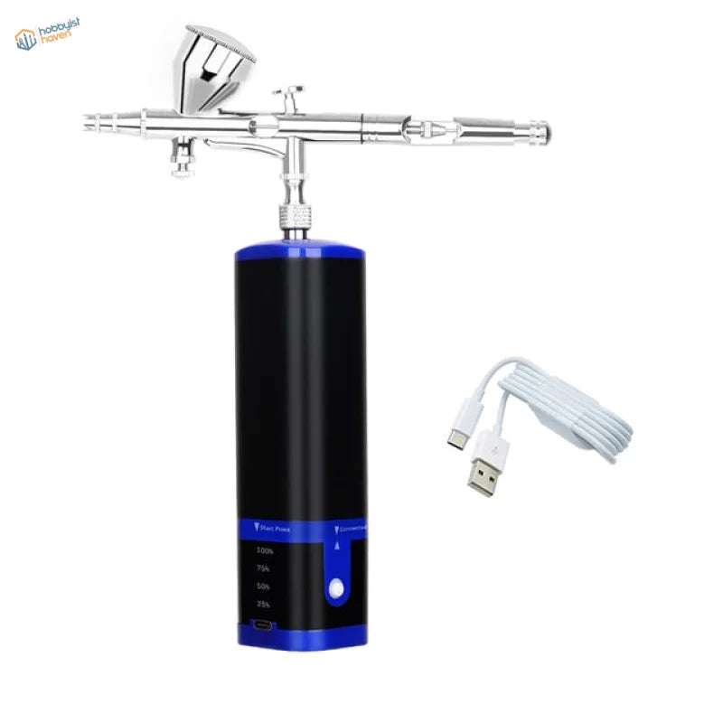 Portable cordless airbrush gun with black and blue power unit