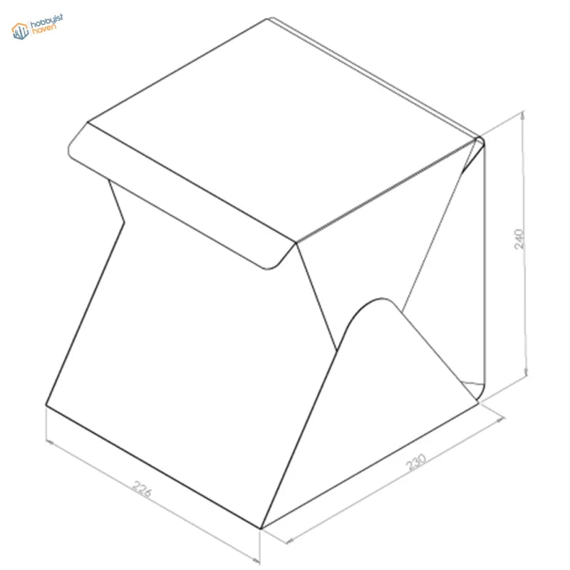 Minimalist white cube portable LED lightbox with precise dimensional markings