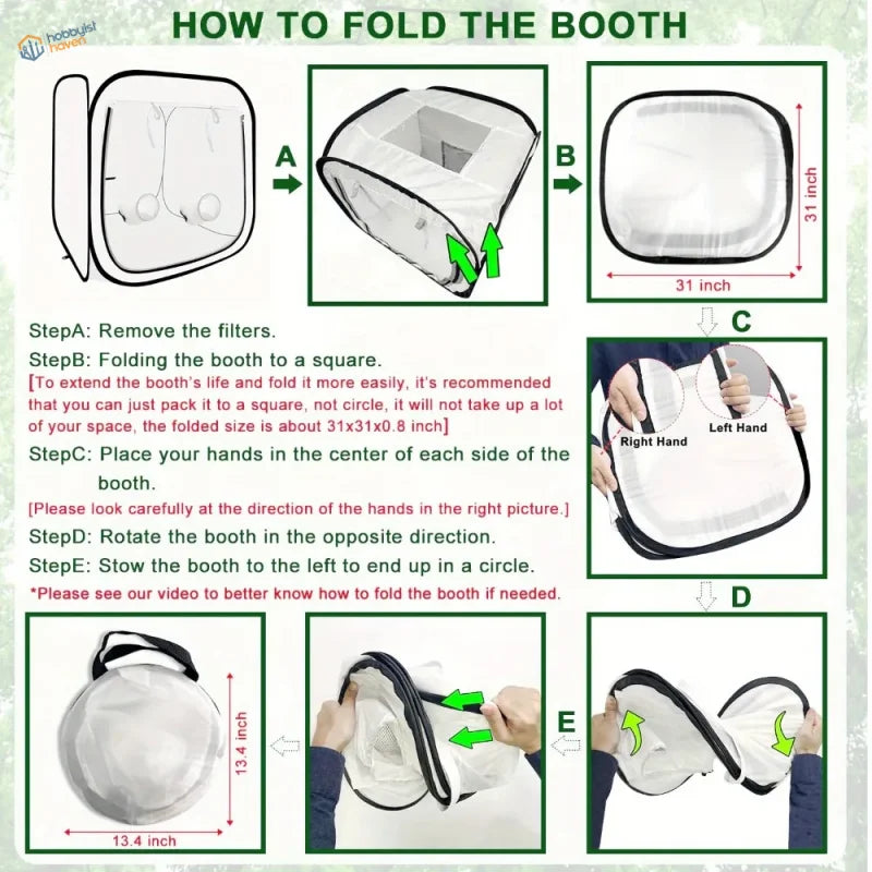 Portable spray booth foldable 30x30in 76x76cm white and black with reinforced edges and storage bag for easy storage